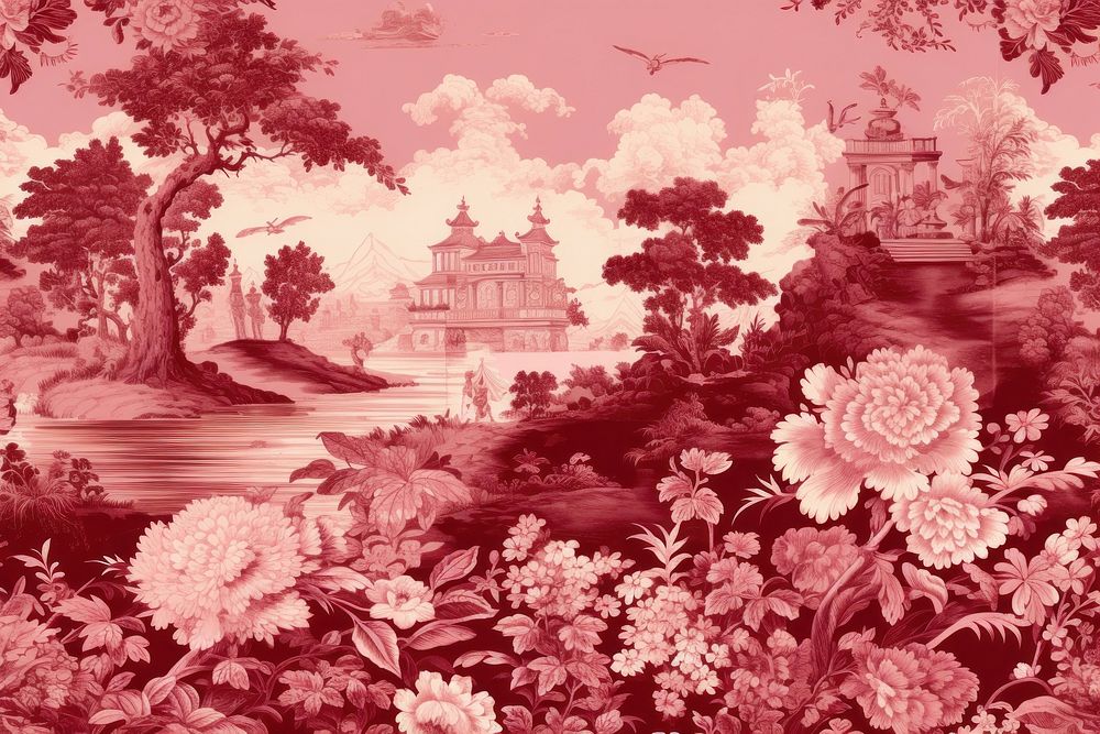 Oriental toile art style with rose outdoors pattern flower.