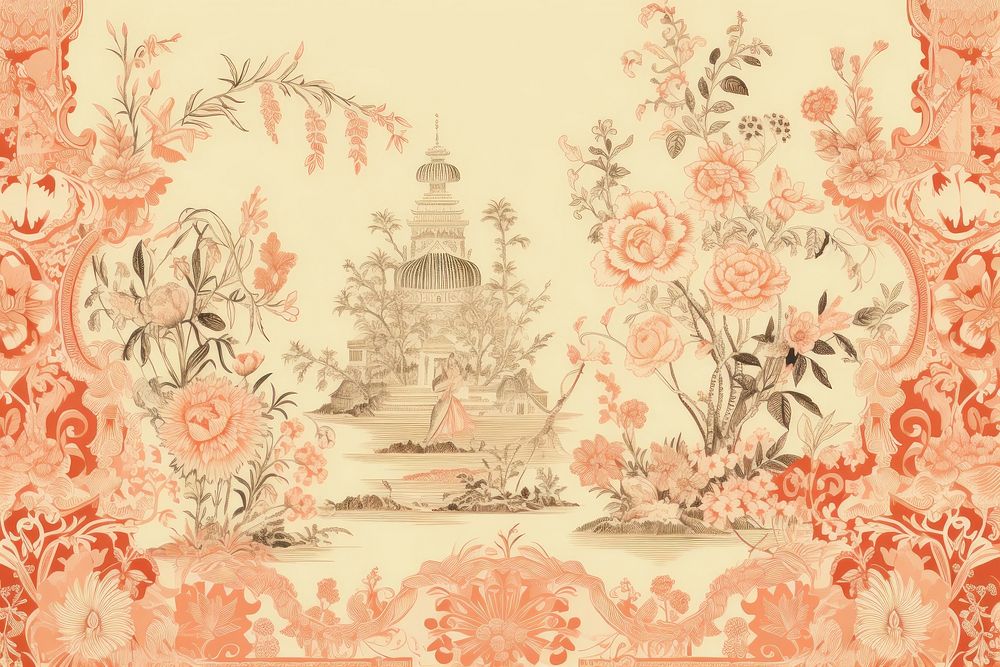 Oriental toile art style with flowers toile painting pattern architecture.