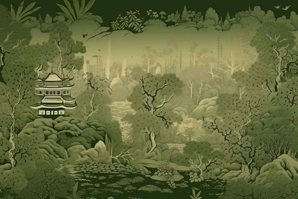 Oriental toile art style with forest in green and beige color landscape outdoors nature.