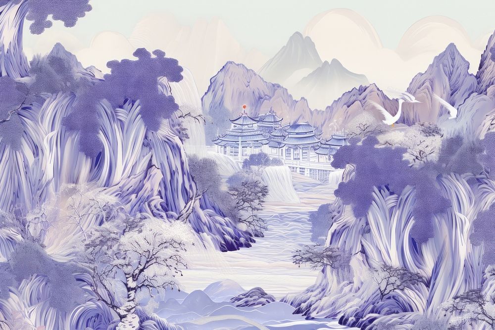 Oriental toile art style with pale various color waterfall landscape outdoors painting.
