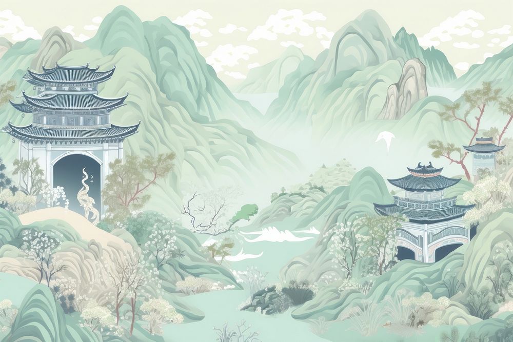 Oriental toile art style with pale various color great wall of china landscape outdoors drawing.