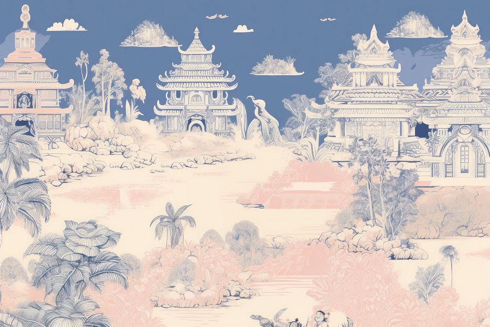 Oriental toile art style with pale various color capital city outdoors drawing sketch.
