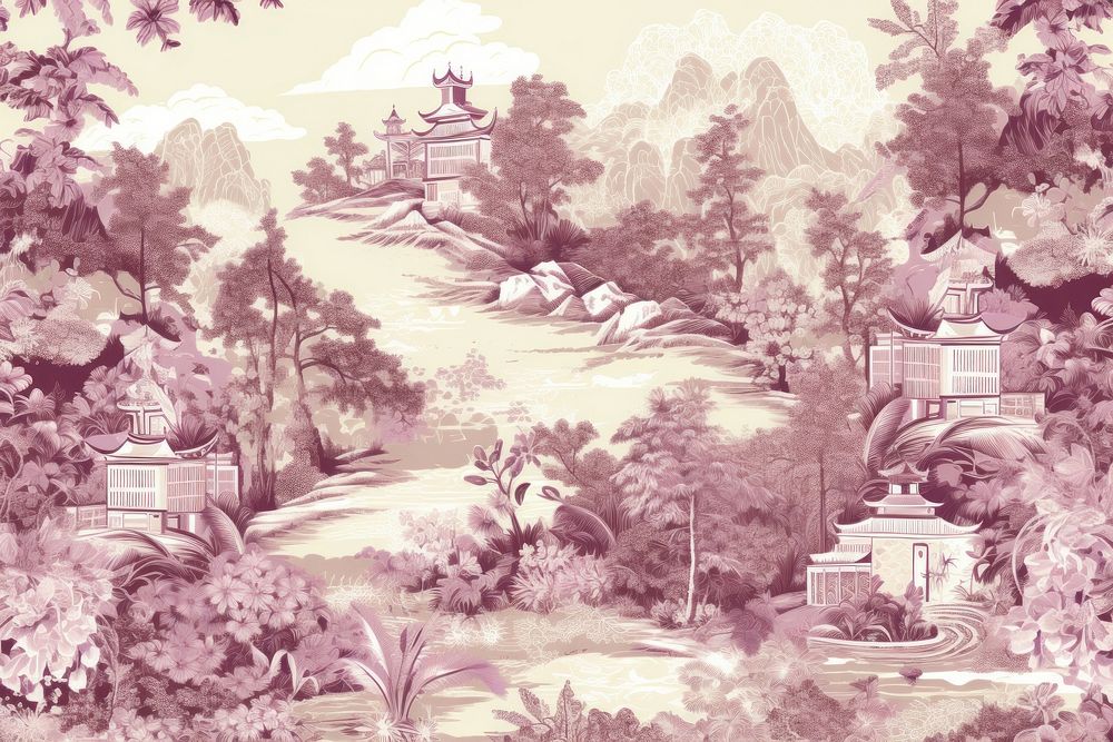 Oriental toile art style with flowers toile land outdoors nature.