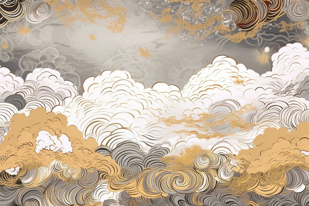 Oriental toile art style with clouds in gold and silver color pattern backgrounds creativity.