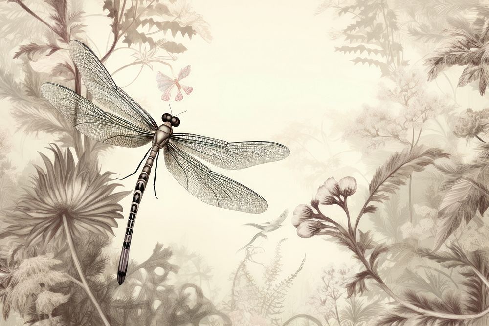 Oriental toile art style with stunning dragonfly in landscape outdoors animal insect.