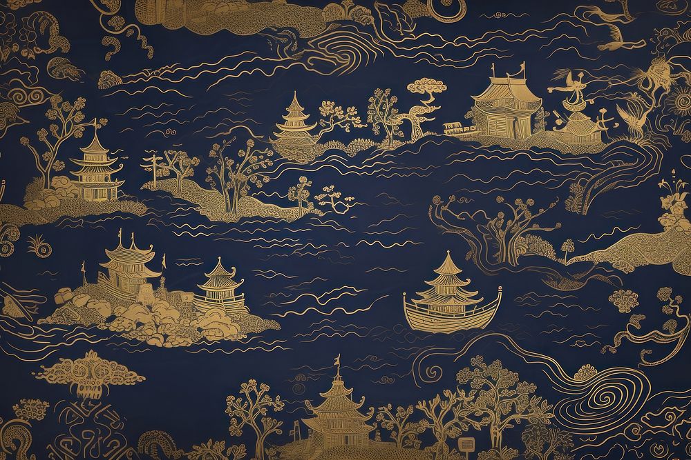 Oriental toile art style with stunning dragon boat festival wallpaper in gold and navy color pattern spirituality…