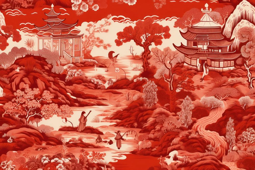 Oriental toile art style with flowers red spirituality architecture.