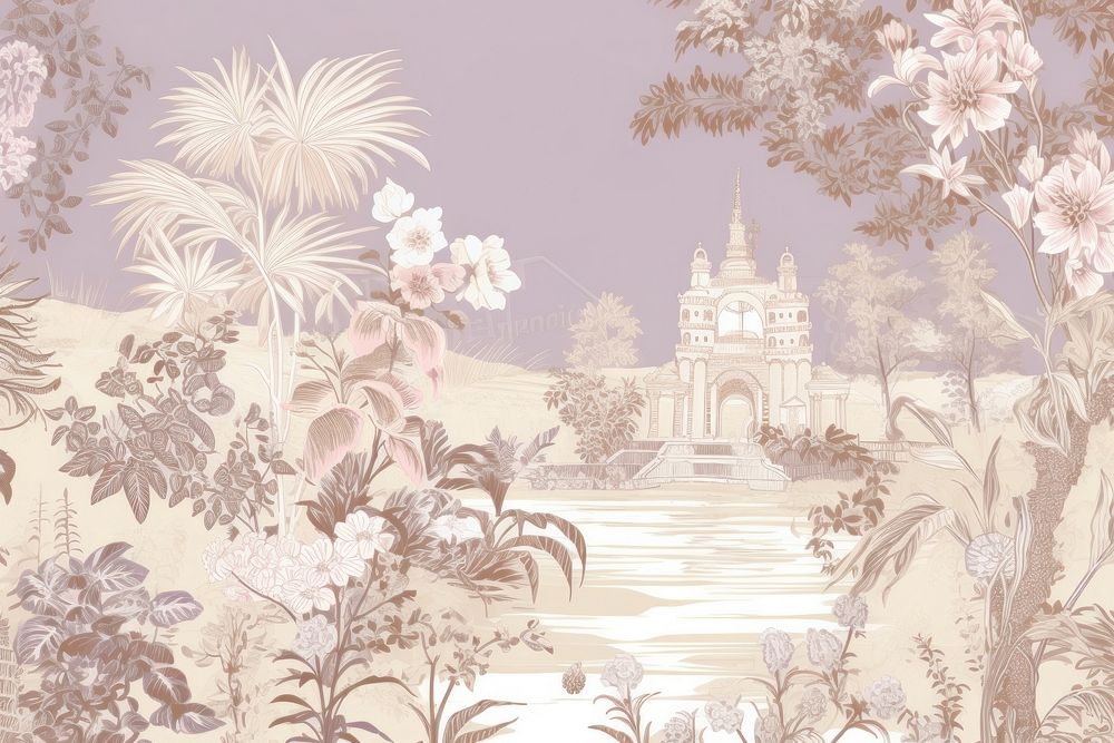Oriental toile art style with pale various color flower garden pattern plant architecture.