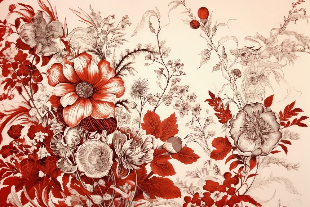 Oriental toile art style with flowers painting pattern drawing.
