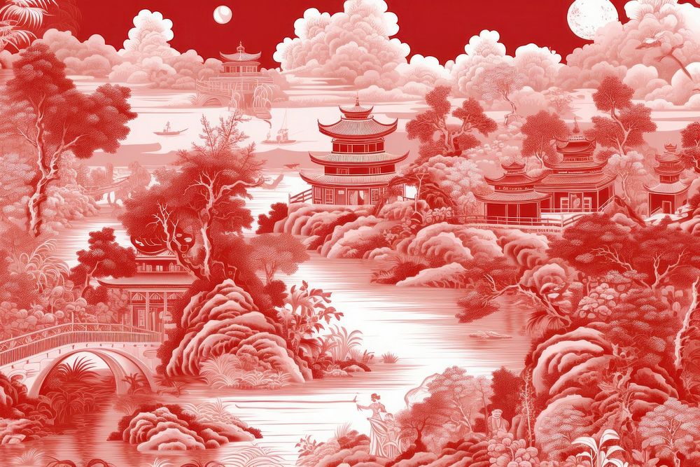 Oriental toile art style with heaven outdoors pattern red.