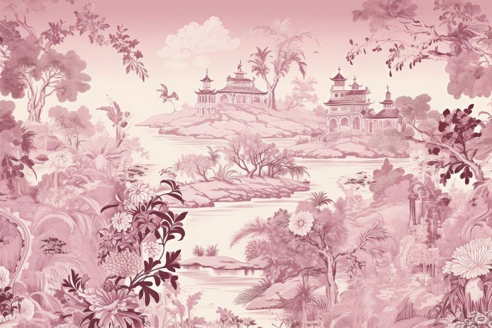Oriental toile art style with rose wallpaper pattern sketch plant.