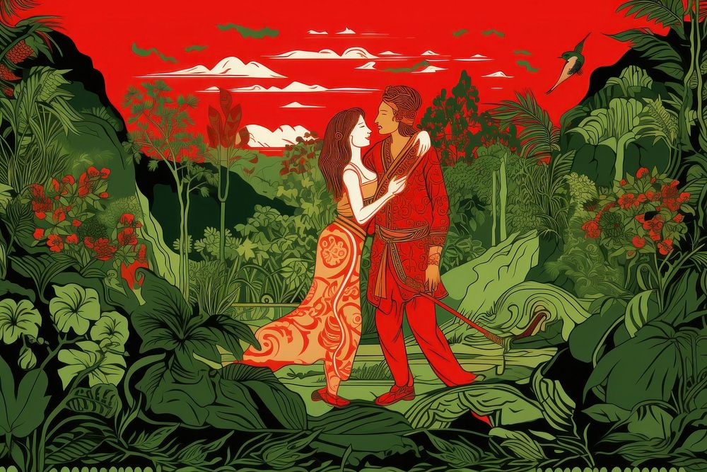 Oriental toile art style with lover in green and red color land outdoors nature.