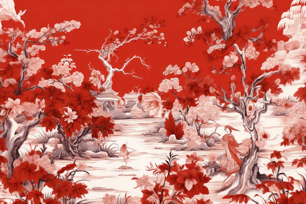 Oriental toile art style with flowers painting plant tree.