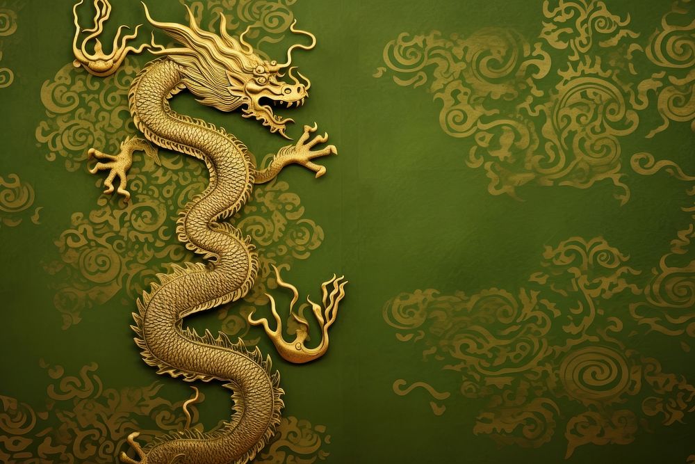 Oriental toile art style with stunning emperor dragon wallpaper in gold and green color reptile snake backgrounds.