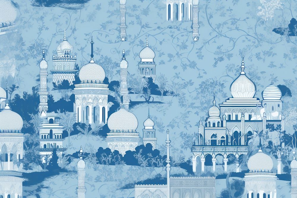 Oriental toile art style with pale various color mosque wallpaper architecture building outdoors.