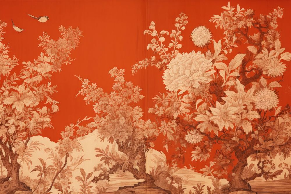 Oriental toile art style with stunning isolated flowers wallpaper painting pattern red.