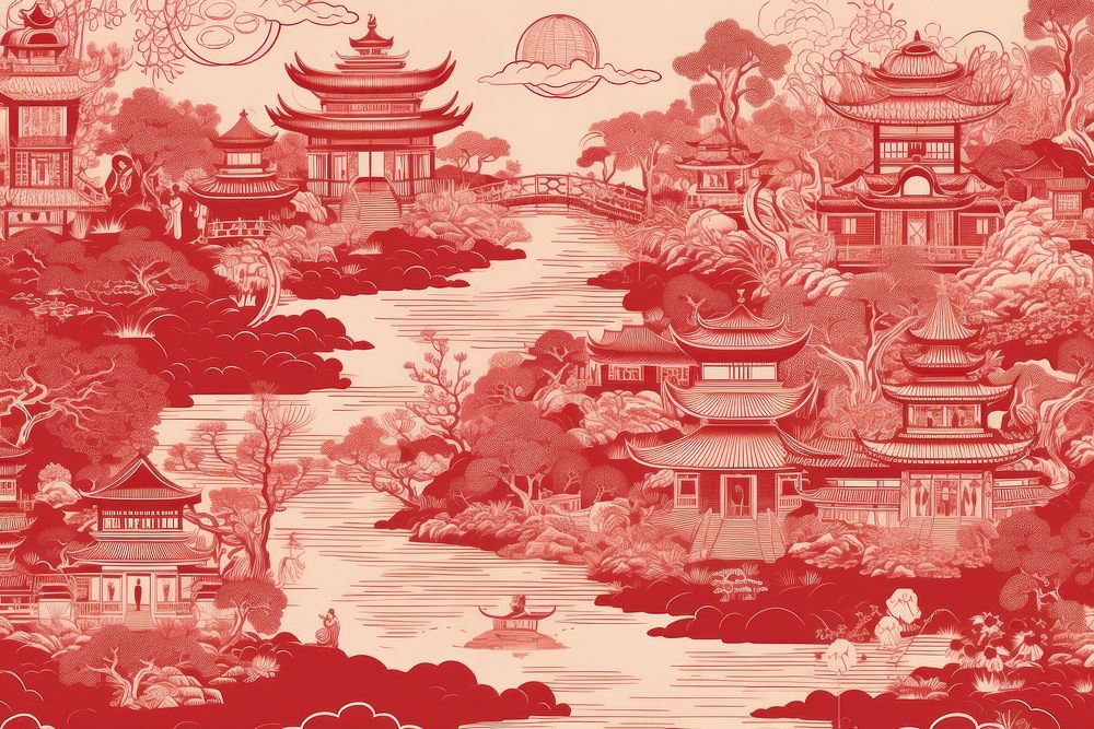 Oriental toile art style with pale various color edo city pattern red spirituality.