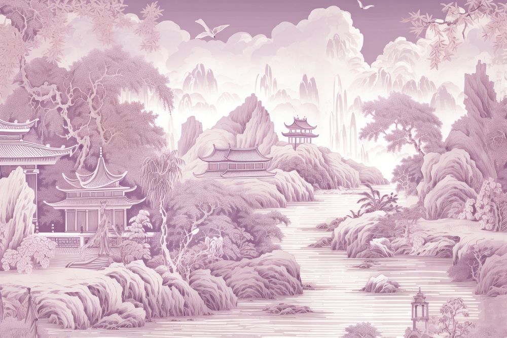 Oriental toile art style with pale various color waterfall wallpaper landscape outdoors drawing.