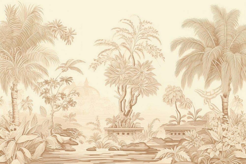 Oriental toile art style with minimal jungle wallpaper drawing nature sketch.