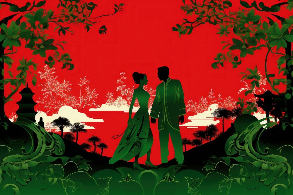 Oriental toile art style with lover in green and red color plant adult togetherness.