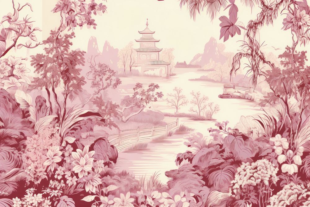 Oriental toile art style with flowers toile outdoors pattern plant.