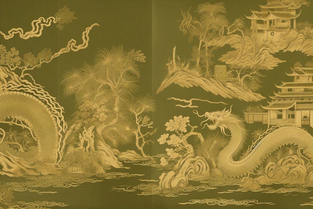 Oriental toile art style with stunning emperor dragon wallpaper in gold and green color pattern representation spirituality.