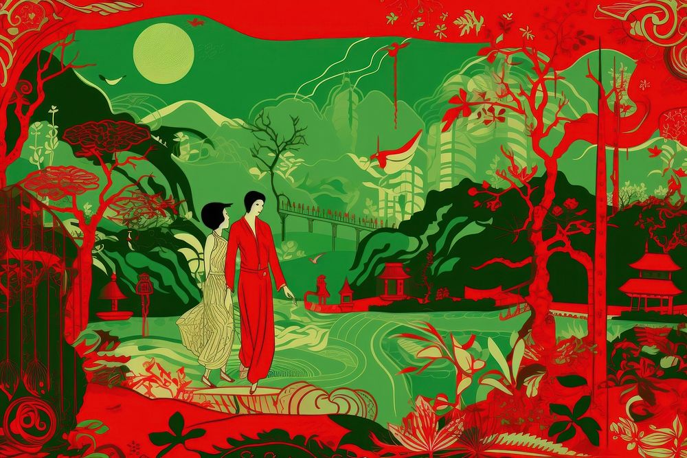 Oriental toile art style with lover in green and red color painting creativity outdoors.
