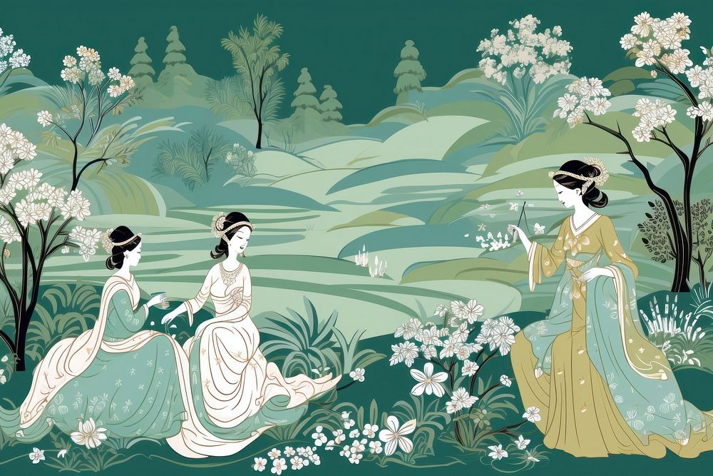 Oriental toile art style with pale various color women with jasmine in landscape cartoon plant adult.