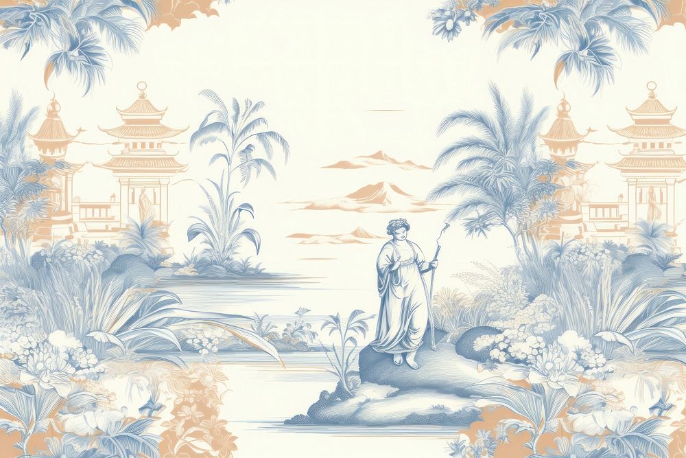 Oriental toile art style with minimal dinner wallpaper pattern nature architecture.