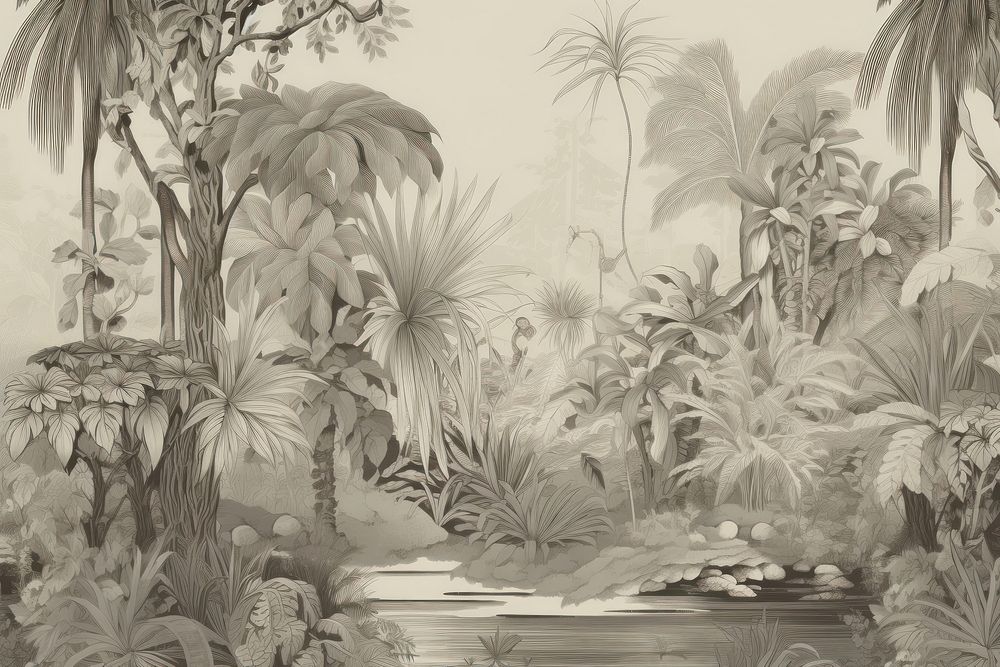 Jungle in black and grey outdoors drawing sketch.