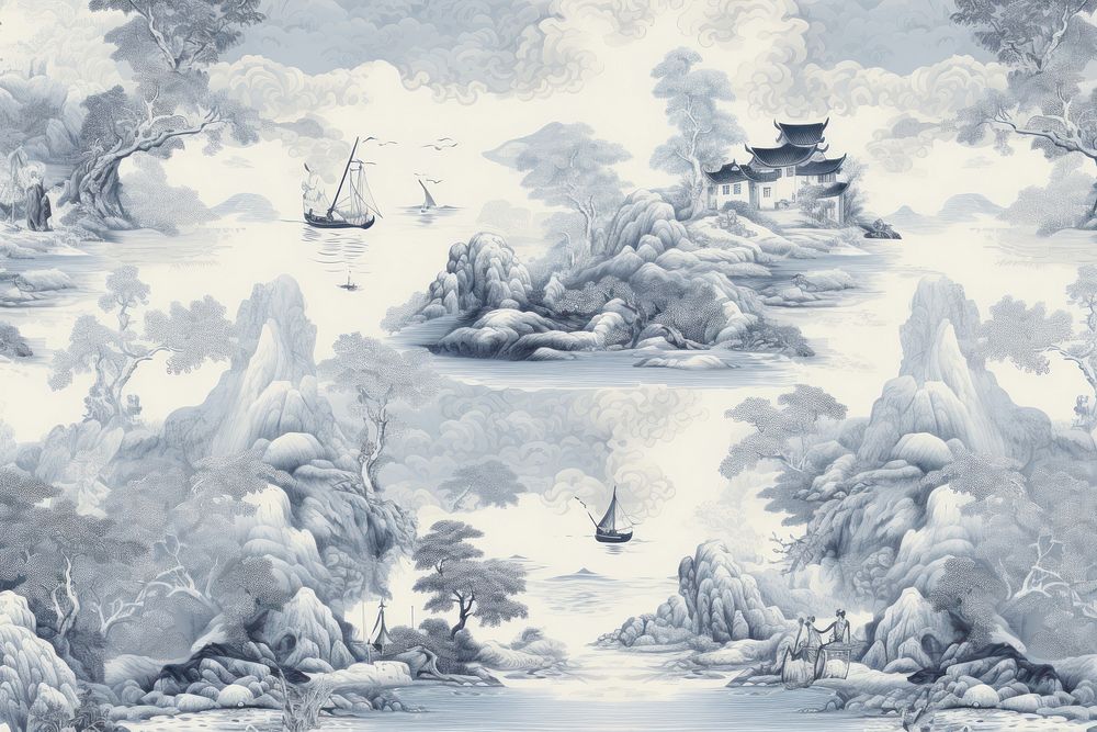 Ocean in silver and navy color wallpaper nature sketch.