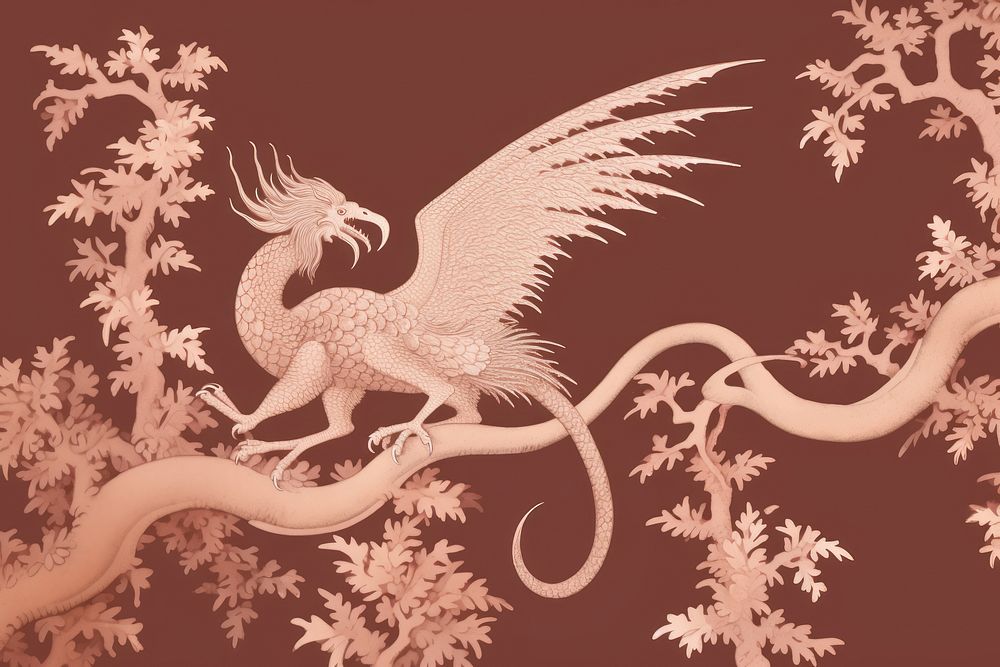 Stunning isolated dragon in pale red and pale gold color wallpaper animal art.