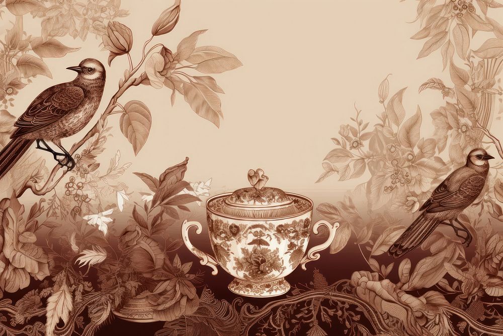 Stunning isolated coffee in pale red and pale gold color wallpaper bird art.