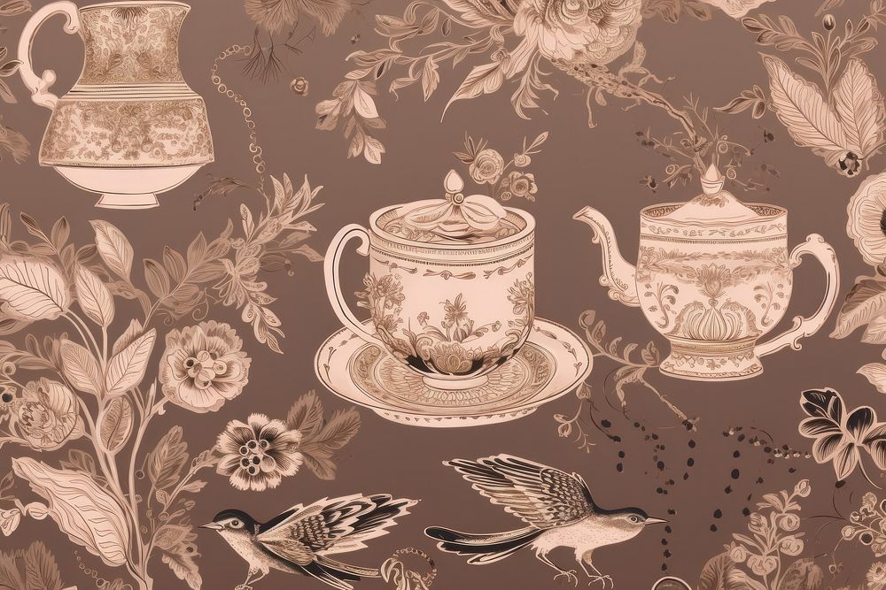 Stunning isolated coffee in pale red and pale gold color wallpaper porcelain pattern.