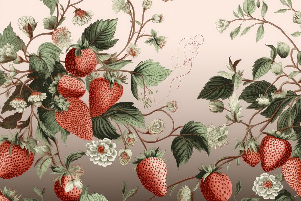 Stunning isolated strawberry in red and green color wallpaper pattern plant.