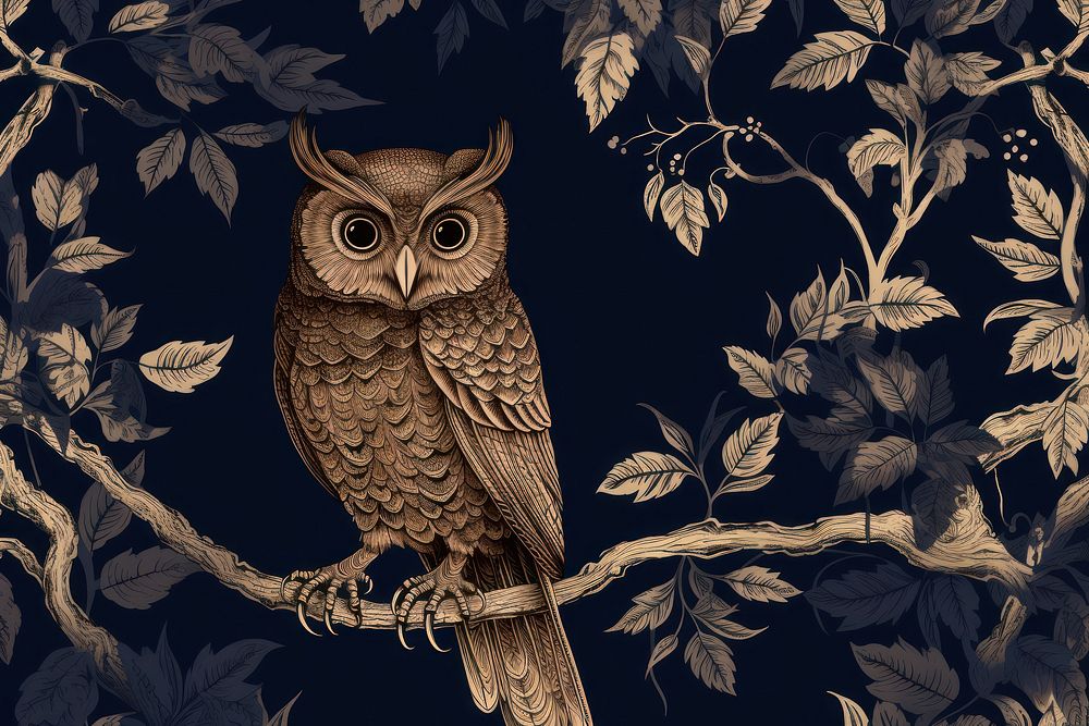 Stunning owl ion black and navy color wallpaper pattern animal.