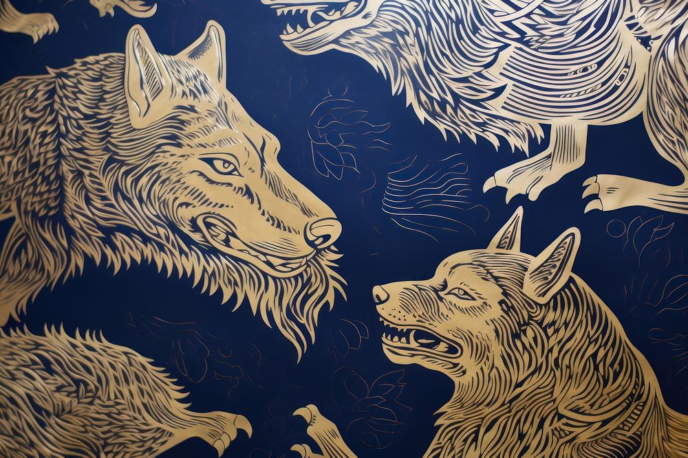 Wolf in navy and gold color pattern animal mammal.