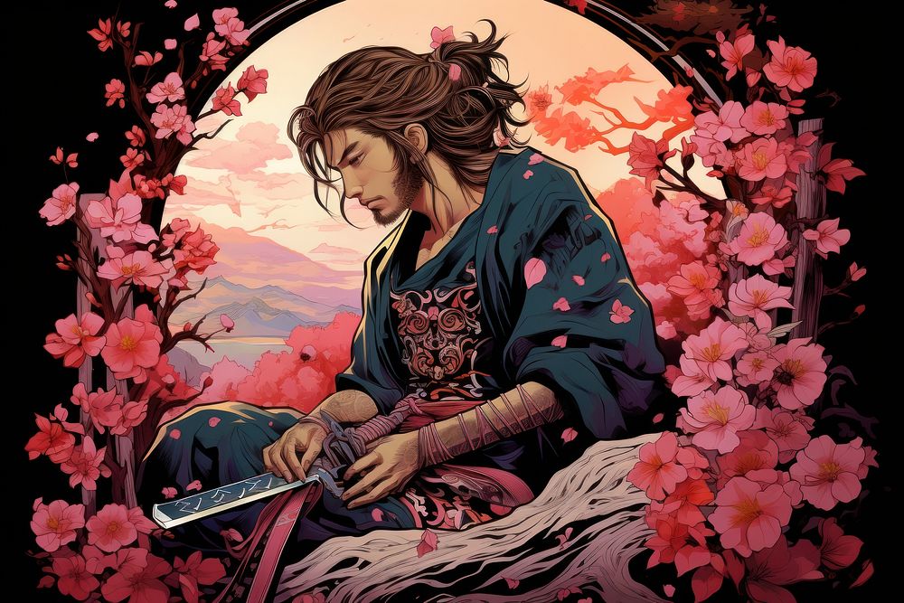 Isolated samurai flower art publication.