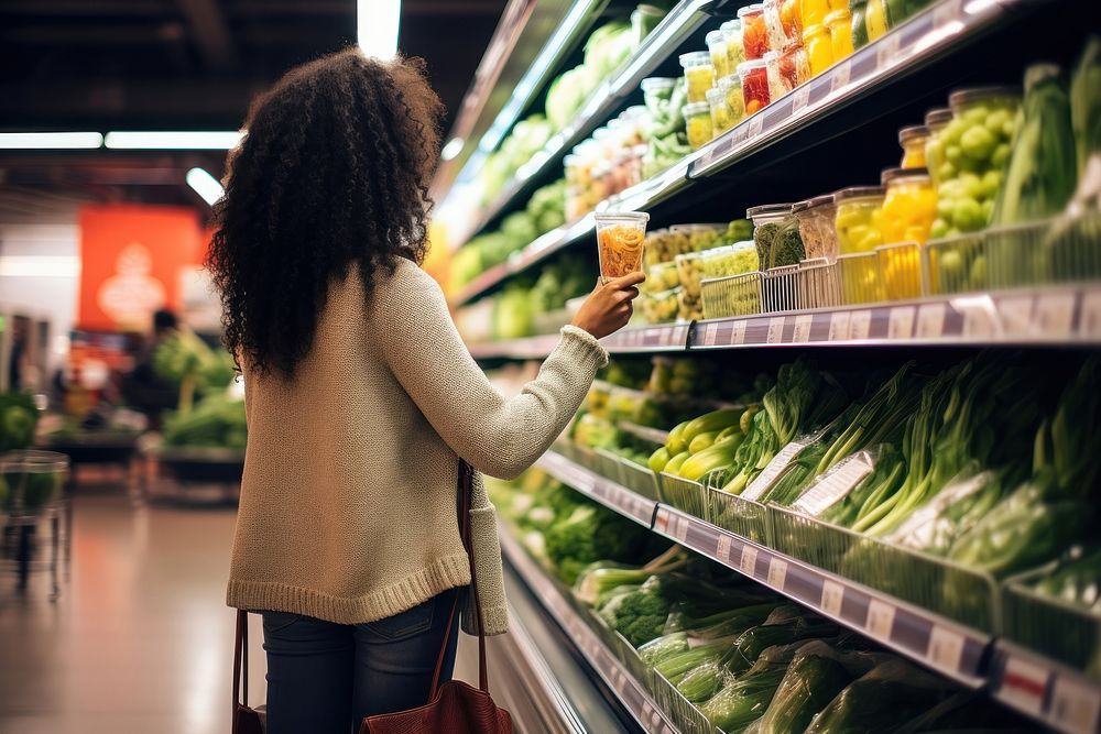 Latin woman is choosing healthy foods in supermarkets shopping adult refreshment.