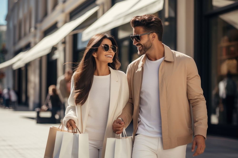 Latin couple holding shopping bags in front of a store adult coat men.
