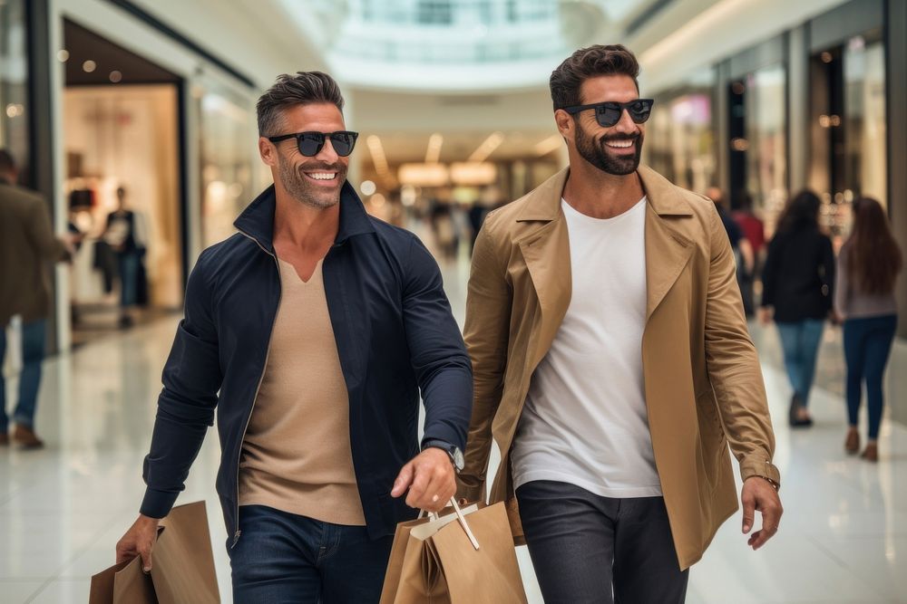 Latin male friends out shopping together bag men togetherness.