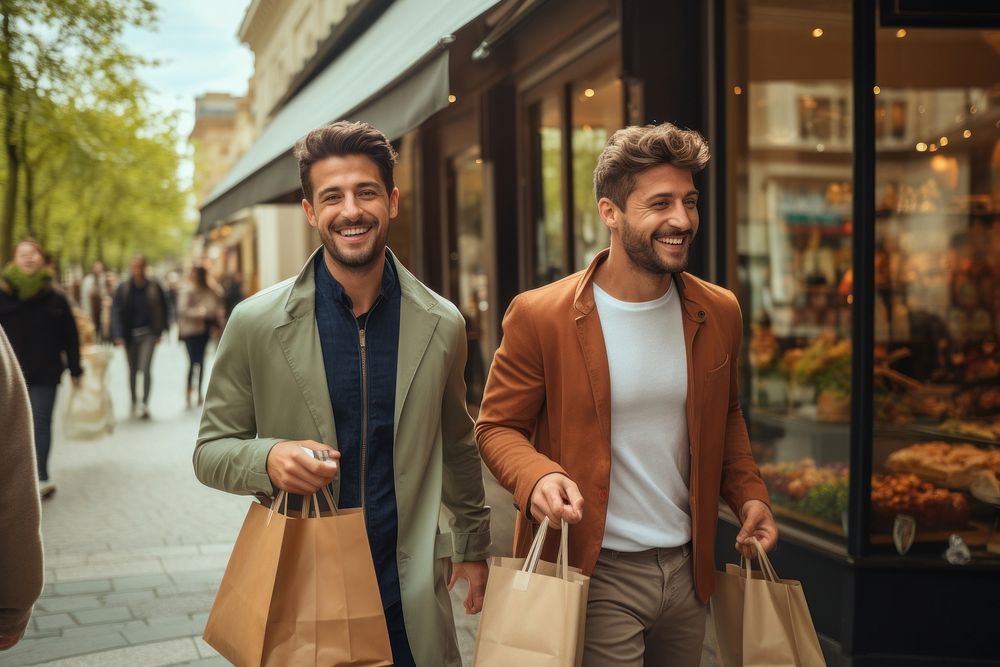 Latin male friends out shopping together adult men bag.