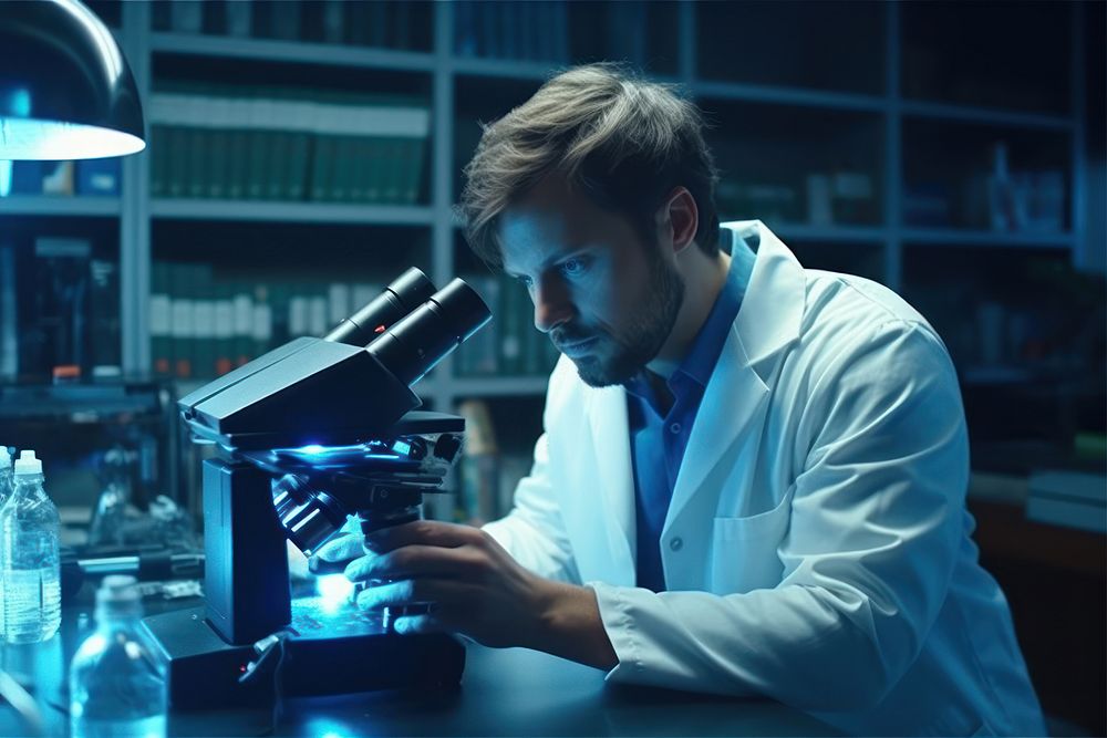 Medical scientist looking into a microscope adult human concentration.
