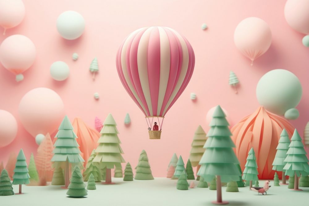 Miniature forest background in pastel tone balloon pink hot air balloon.