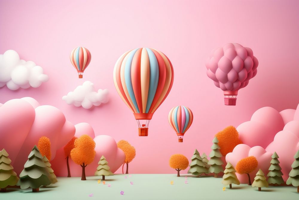 Miniature forest background in pastel tone balloon pink hot air balloon.
