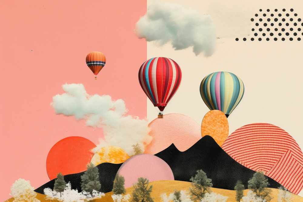 Collage Retro dreamy background aircraft balloon transportation.