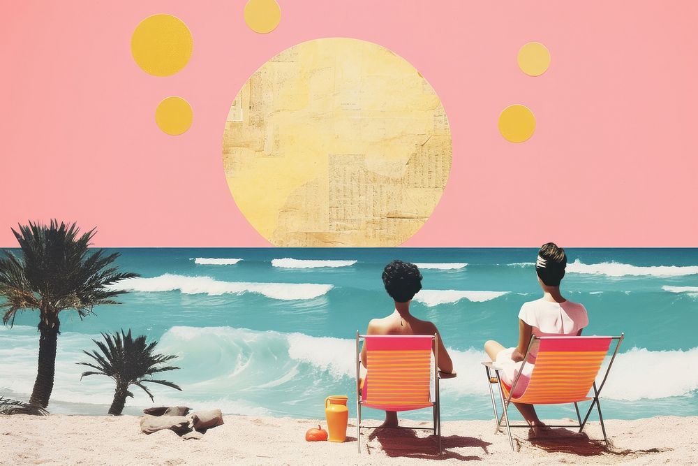 Collage Retro dreamy beach vacation outdoors summer.