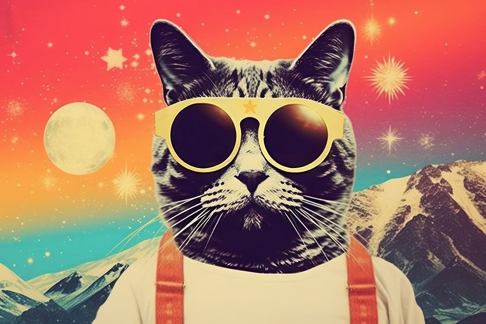 Collage Retro dreamy cat sunglasses portrait mammal.