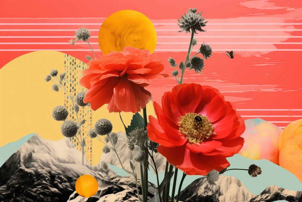 Collage Retro dreamy flowers painting plant poppy.