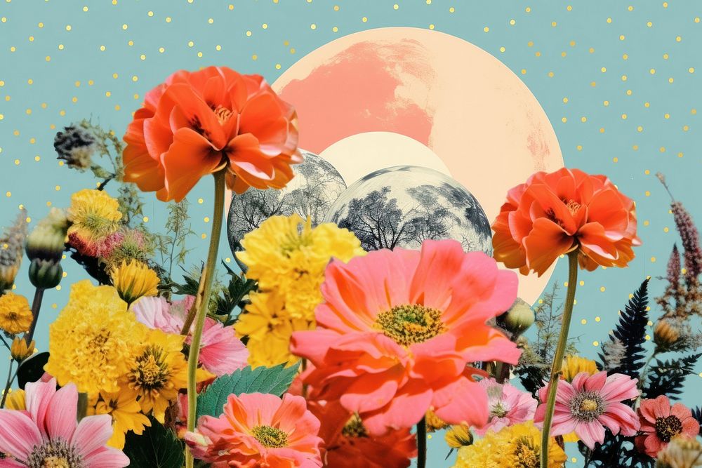 Collage Retro dreamy flowers outdoors nature plant.